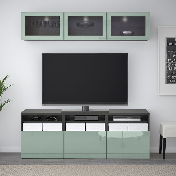 Шкаф для ТВ, комбинированный, стекляные дверцы, черно-коричневый Сельсвикен, глянцевый/серо-зеленый светлый прозрачное стекло, - фото 2