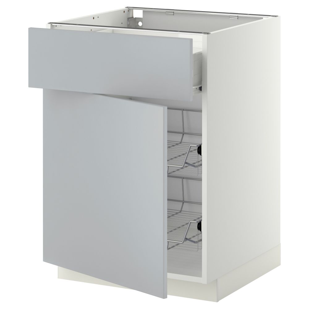 Напольный шкаф с проволочной корзиной, ящиком, дверью МЕТОД / ФОРВАРА, белый, Веддинге серый - схема-чертеж с размерами