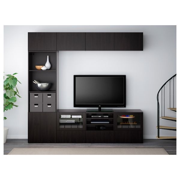 Шкаф для ТВ, комбинированный, стекляные дверцы БЕСТО, Лаппвикен, Синдвик черно-коричневый прозрачное стекло (240x40x230 см) - фото 2