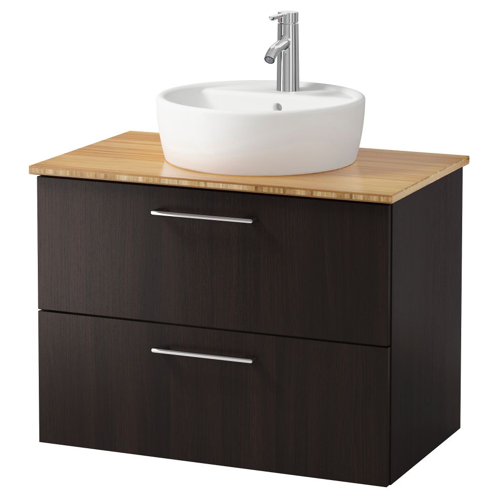 Шкаф п-раковину/столешн45/раковина ГОДМОРГОН/АЛДЕРН / ТОРНВИКЕН, черно-коричневый, бамбук (82x49x74 см) - схема-чертеж с размерами