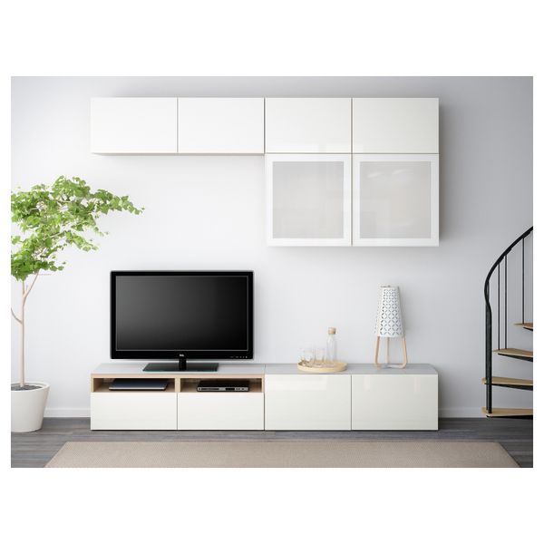 Шкаф для ТВ, комбинированный, стекляные дверцы БЕСТО, под беленый дуб, Сельсвикен глянцевый/белый матовое стекло (240x40x230 см) - фото 2