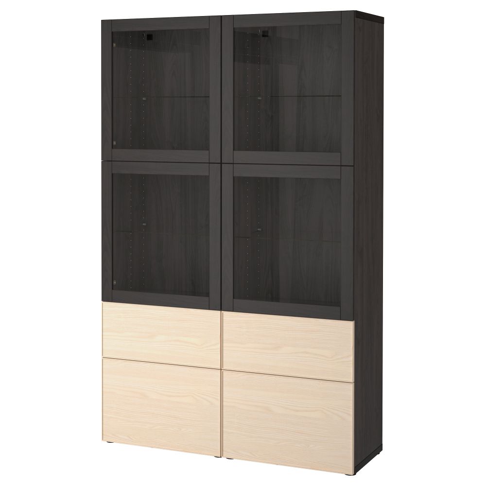 Комбинация для хранения со стеклянными дверцами БЕСТО, черно-коричневый Синдвик, Инвикен ясеневый шпон (120x40x192 см) - фото 1