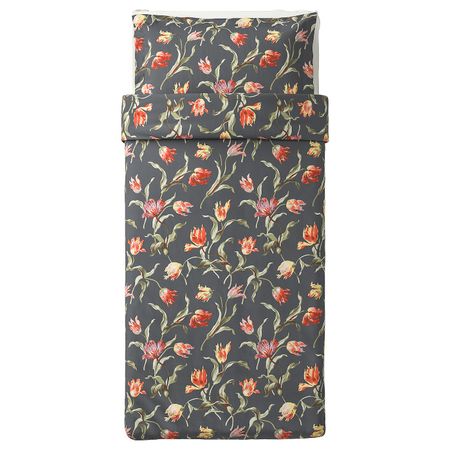 Пододеяльник и 1 наволочка, серый/с цветочным орнаментом 150x200/50x70 см IKEA ÅLANDSROT ОЛАНДСРОТ 404.783.06