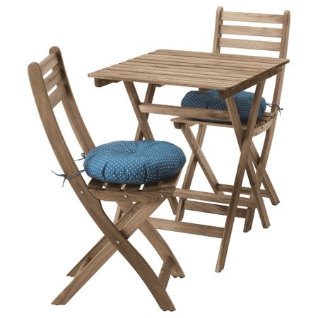 Стол + 2 стула, для сада АСКХОЛЬМЕН, серый/коричневый серо-коричневая морилка, Иттерон синий