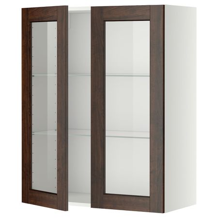 Навесной шкаф/полки/2стеклян двери, белый/Эдсерум коричневый 80x100 см IKEA METOD МЕТОД 294.470.43