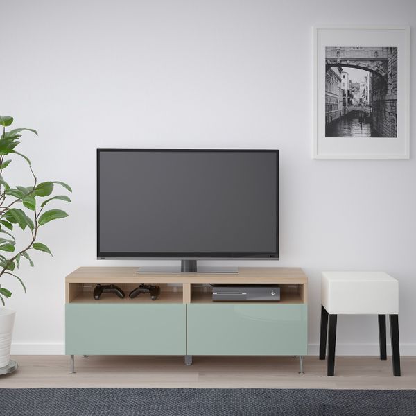 Тумба для ТВ с ящиками, под беленый дуб, СЕЛЬСВ/СТАЛЛАРП глянцевый/серо-зеленый светлый, 120x40x48 см IKEA БЕСТО 092.671.94 - фото 2