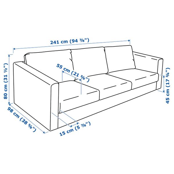 3-местный диван, Гуннаред бежевый IKEA ВИМЛЕ 492.069.00 - схема-чертеж с размерами