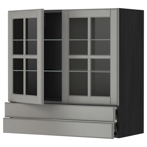 Навесной шкаф, 2 стеклянные дверцы, 2 ящика МЕТОД / ФОРВАРА, черный, Будбин серый - фото 1