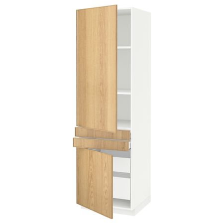 Высокий шкаф + полки, 4 ящик, 2 двери, 2 фронтальные МЕТОД / МАКСИМЕРА, белый, Экестад дуб (60x60x200 см)