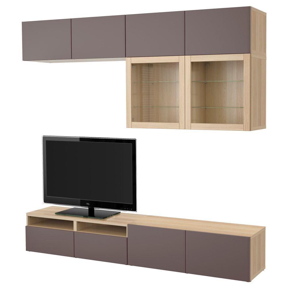 Шкаф для ТВ, комбинированный, стекляные дверцы БЕСТО, под беленый дуб, Вальвикен темно-коричневый, прозрачное стекло (240x40x230 - фото 1