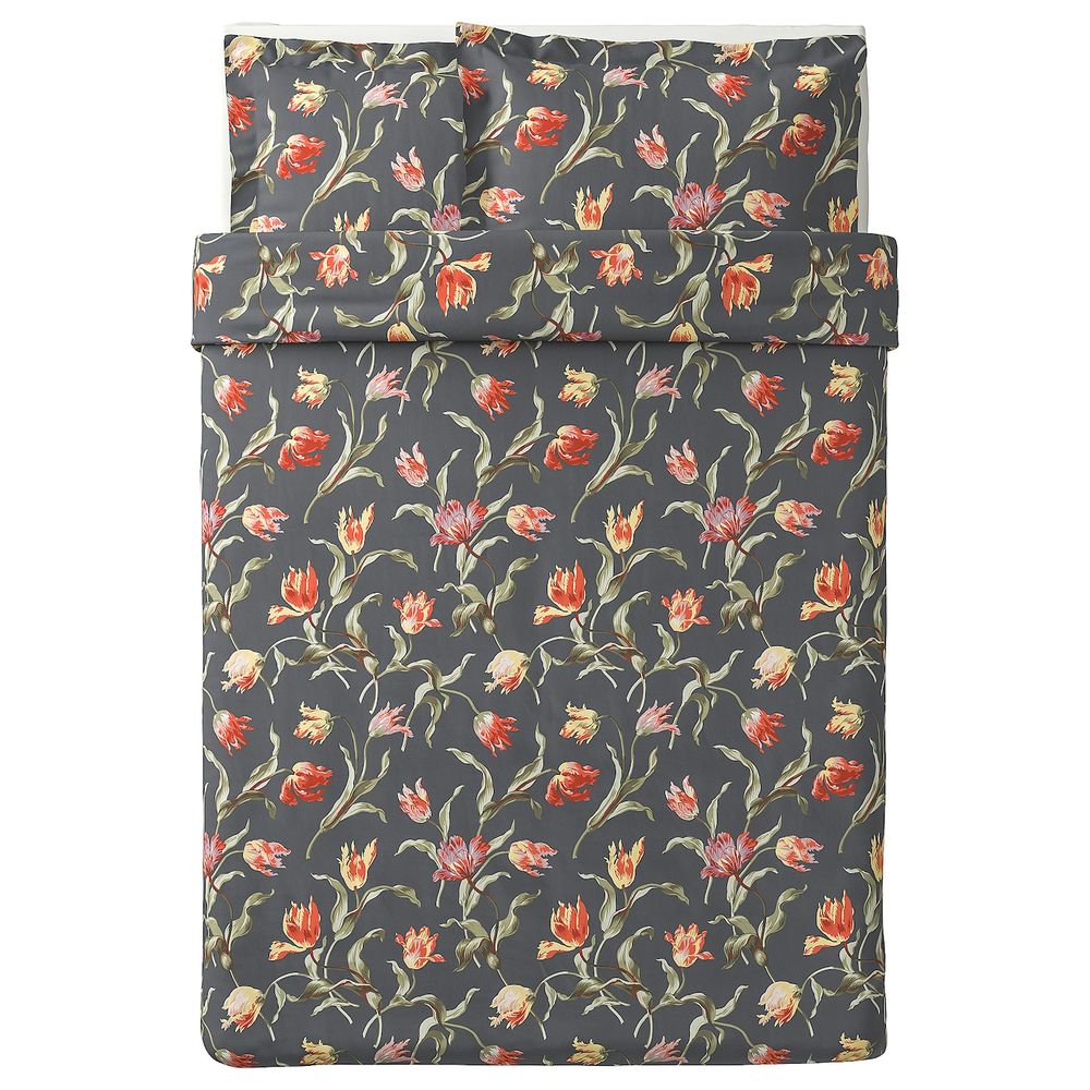 Пододеяльник и 2 наволочки, серый/с цветочным орнаментом 200x200/50x70 см IKEA ÅLANDSROT ОЛАНДСРОТ 004.782.90 - фото 1