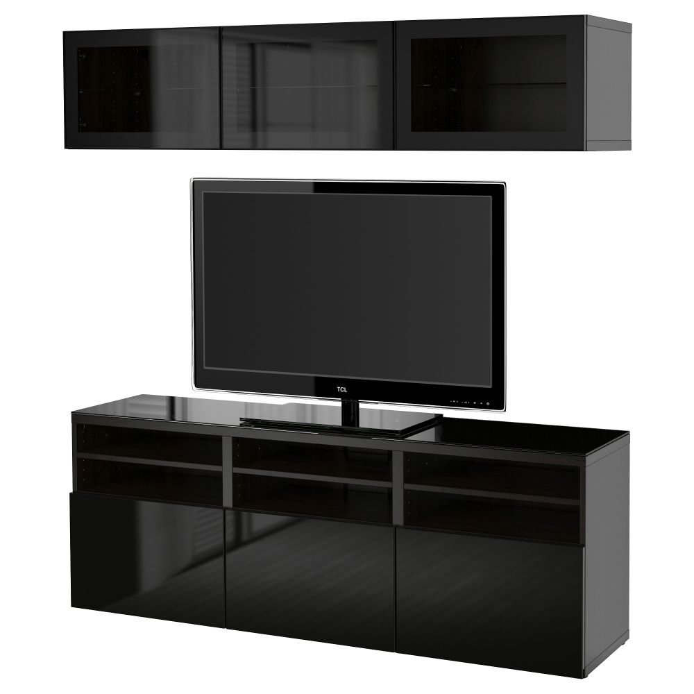 Шкаф для ТВ, комбинированный, стекляные дверцы БЕСТО, черно-коричневый, Сельсвикен глянцевый/черный прозрачное стекло - фото 1