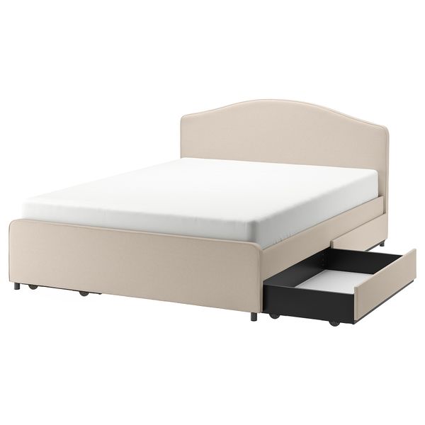 Кровать с обивкой,4 кроватных ящика, 140x200 см, Lofallet бежевый IKEA HAUGA ХАУГА 993.366.16 - фото 2