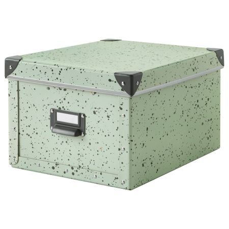 Коробка с крышкой ФЬЕЛЛА, светло-зеленый, в горошек (27x36x20 см)