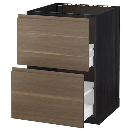 Напольный шкаф под мойку + 2 фронтальных панели, 2 ящ, черный/Воксторп грецкий орех 60x60 см IKEA МЕТОД / МАКСИМЕРА 092.371.97