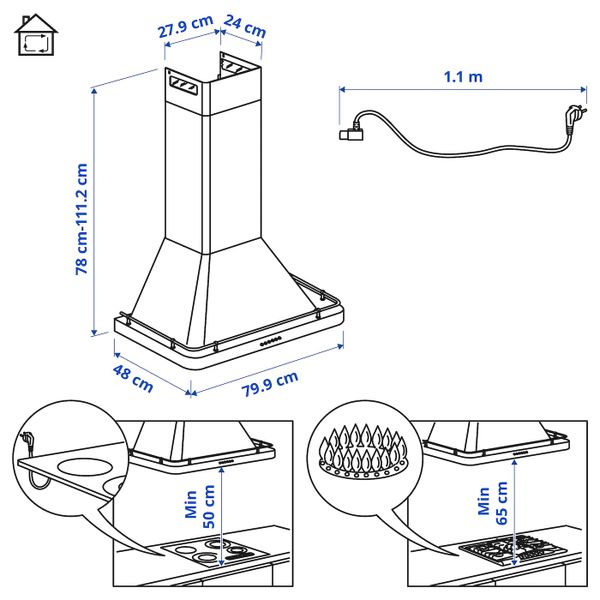 Колпак вытяжного шкафа стенного крепл, нержавеющая сталь IKEA FÖLJANDE ФОЛЬЙЭНДЕ 203.939.59 - схема-чертеж с размерами