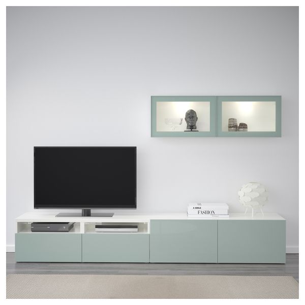 Шкаф для ТВ, комбинированный, стекляные дверцы БЕСТО, белый Сельсвикен, глянцевый/серо-зеленый светлый прозрачное стекло - фото 2