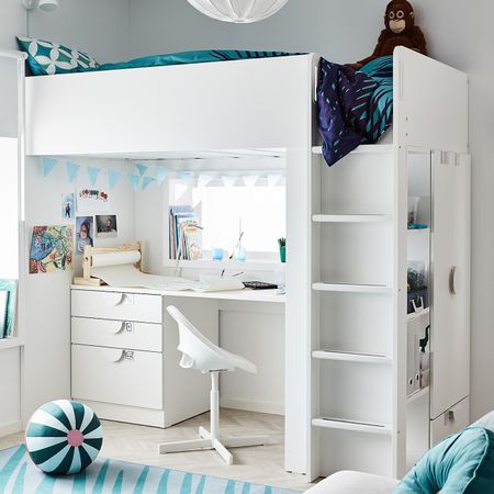 Кровать-чердак, белый бледно-розовый/с письменным столом с 4 ящиками 90x200 см IKEA SMÅSTAD СМОСТАД 993.921.22