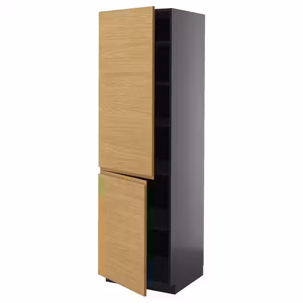 METOD Высокий шкаф с полками/2 дверцы - черно-серый/Voxtorp под дуб 60x60x200 см - фото 1