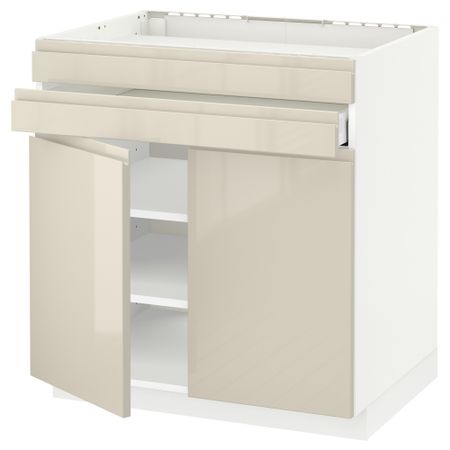 Напольный шкаф для варочной панели, 2 ящика, 2 фасада, 1 ящик МЕТОД / МАКСИМЕРА, белый, Воксторп глянцевый светло-бежевый (80x60