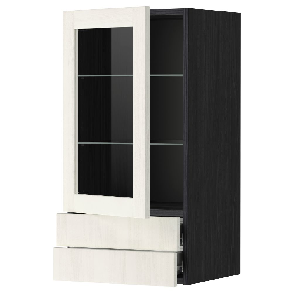 Навесной шкаф, стеклянная дверца, 2 ящика МЕТОД / ФОРВАРА, черный, Росдаль белый - схема-чертеж с размерами