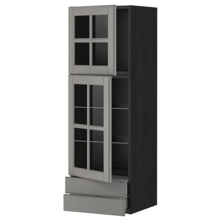 Навесной шкаф, 2 стеклянные дверцы, 2 ящика МЕТОД / МАКСИМЕРА, черный, Будбин серый