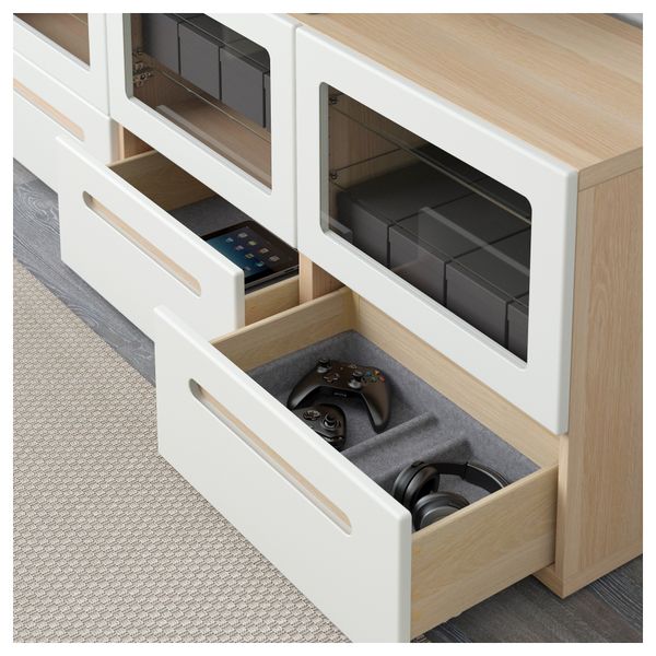 Тумба под ТВ, с дверцами и ящиками БЕСТО, под беленый дуб, Марвикен белый прозрачное стекло (180x40x64 см) - фото 3