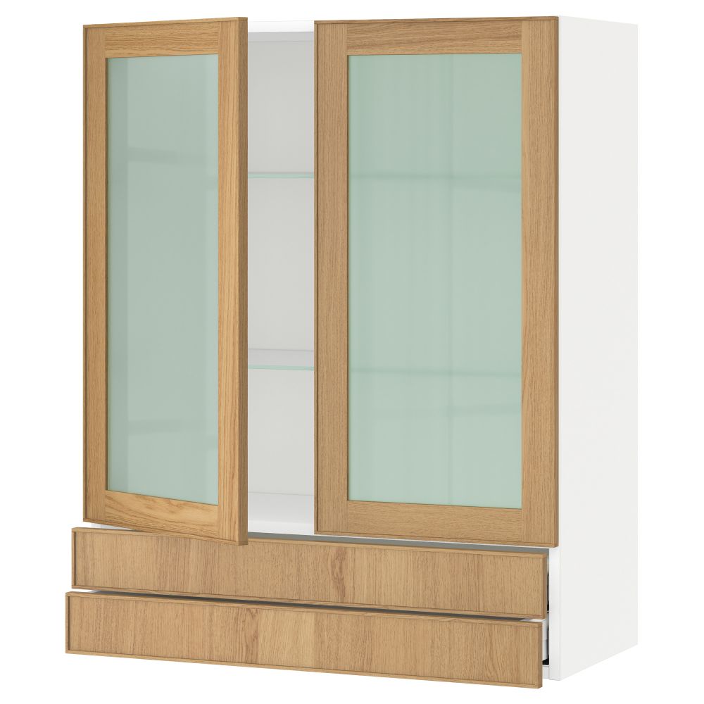 Навесной шкаф, 2 стеклянные дверцы, 2 ящика МЕТОД / МАКСИМЕРА, белый, Экестад дуб - схема-чертеж с размерами