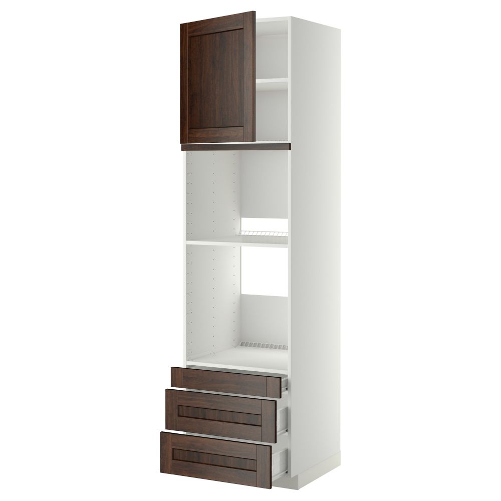 Высокий шкаф для духовки комбинированный, духовка + дверца, 3 ящика МЕТОД / ФОРВАРА, белый, Эдсерум коричневый - фото 1