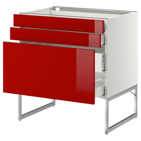 Напольный шкаф 3 фронтальных панели, 2 нижних, 2 средних ящика МЕТОД / МАКСИМЕРА, белый, Рингульт красный