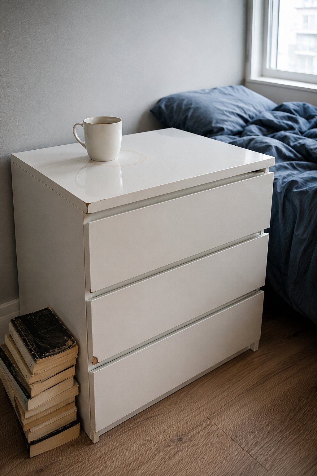 IKEA MALM комод глянцевый белый в спальне — сколы, отслоение плёнки и водные пятна через 5 лет