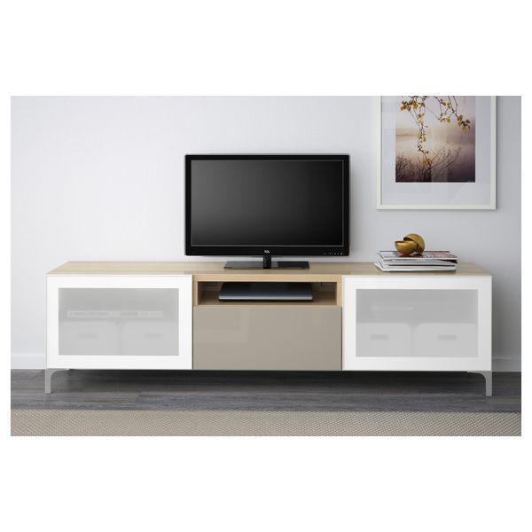 Тумба под ТВ БЕСТО, под беленый дуб, Сельсвикен глянцевый/бежевый матовое стекло (180x40x48 см) - фото 2