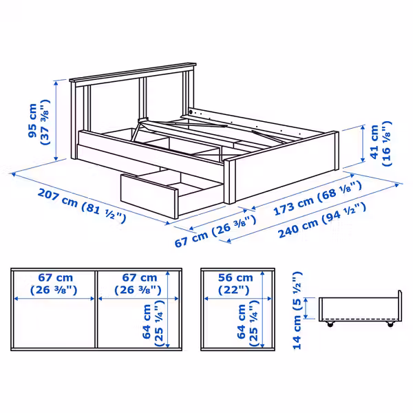 SONGESAND Каркас кровати с 2 ящиками - белый 160x200 см - схема-чертеж с размерами