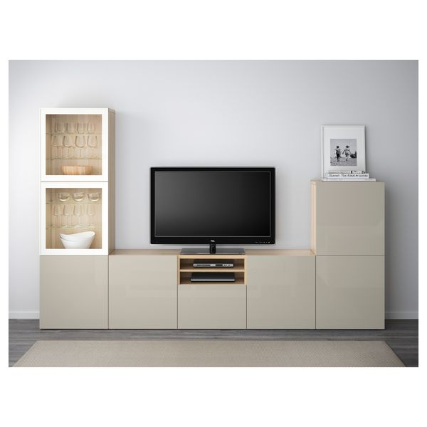 Шкаф для ТВ, комбинированный, стекляные дверцы БЕСТО, под беленый дуб, Сельсвикен глянцевый/бежевый прозрачное стекло - фото 2