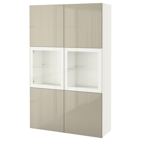 Комбинация для хранения со стеклянными дверцами БЕСТО, белый, Сельсвикен глянцевый/бежевый прозрачное стекло (120x40x192 см) - фото 1
