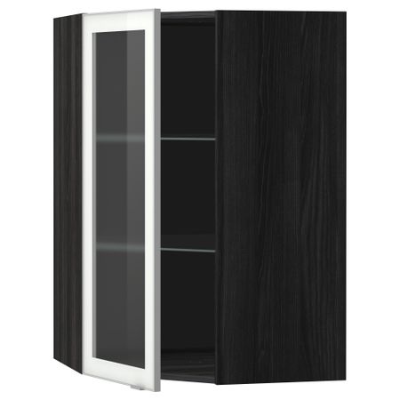 Угловой навесной шкаф с полками, стекляными дверцами МЕТОД, черный, Ютис матовое стекло