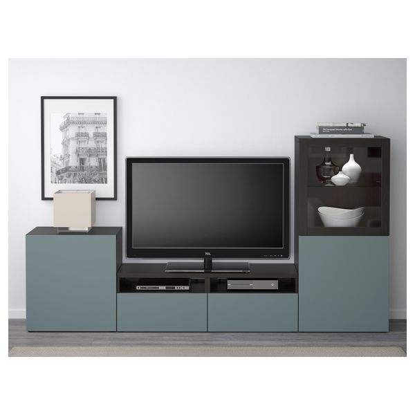 Шкаф для ТВ, комбинированный, стекляные дверцы БЕСТО, черно-коричневый, Вальвикен серо-бирюзовый, прозрачное стекло (240x40x128 - схема-чертеж с размерами