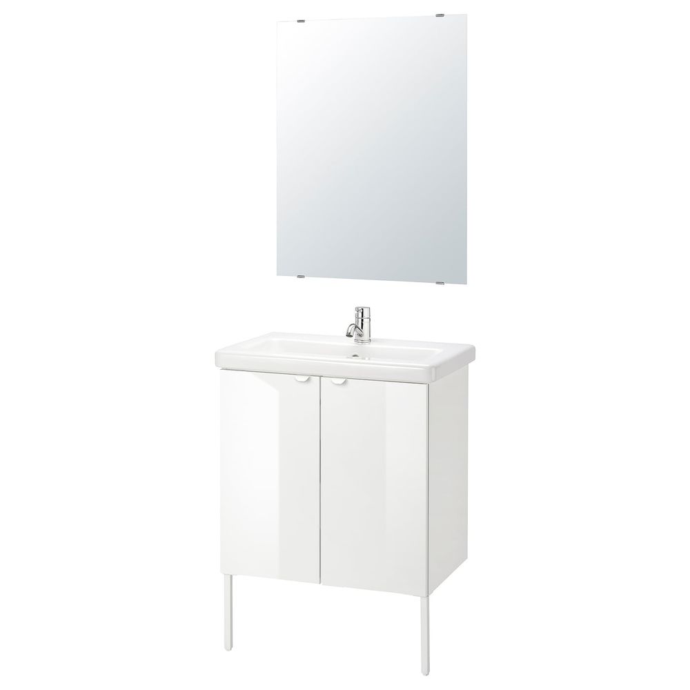 Комплект мебели для ванной,7 предм., глянцевый белый/ПИЛКОН смеситель 64x43x88 см IKEA FISKÅN ФИСКОН / TVÄLLEN ТВЭЛЛЕН - фото 1