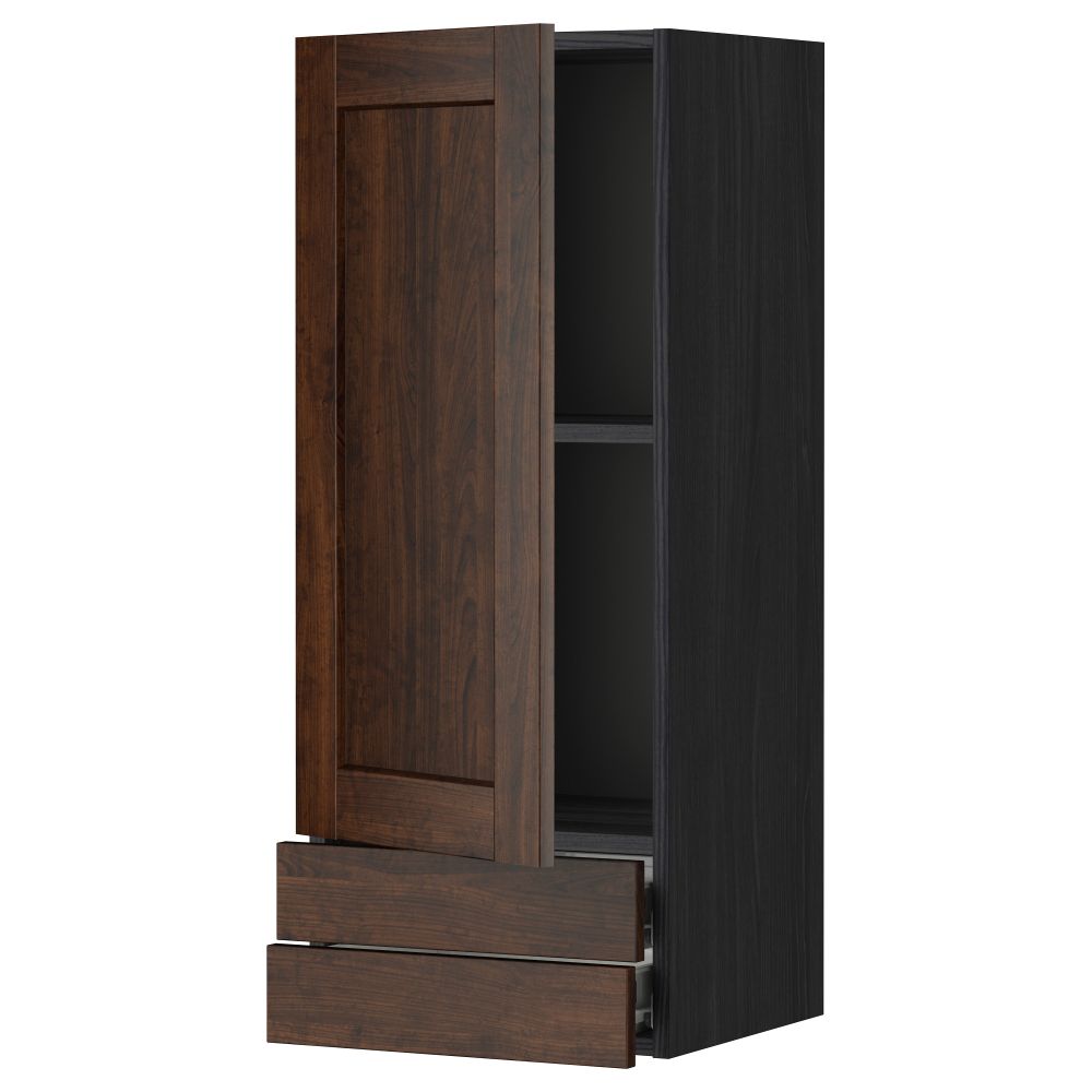 Навесной шкаф с дверцей, 2 ящика МЕТОД / ФОРВАРА, черный, Эдсерум коричневый - фото 1