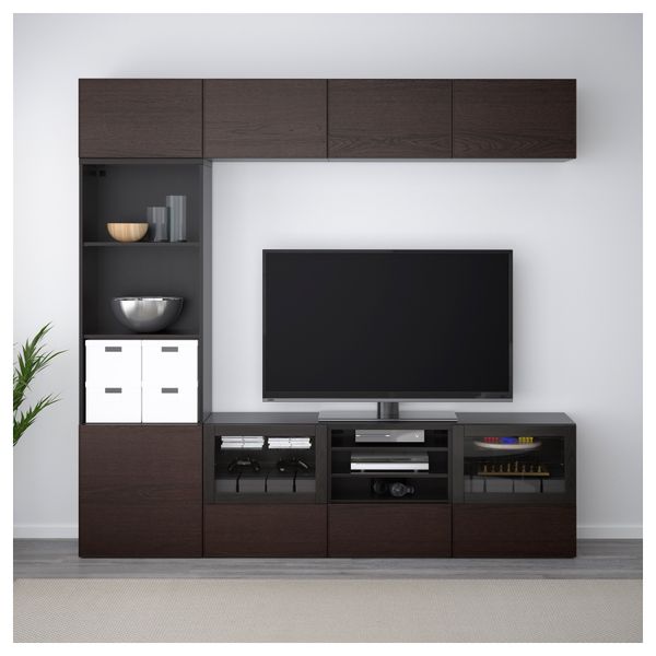 Шкаф для ТВ, комбинированный, стекляные дверцы БЕСТО, черно-коричневый, Инвикен черно-коричневый прозрачное стекло (240x40x230 - фото 2