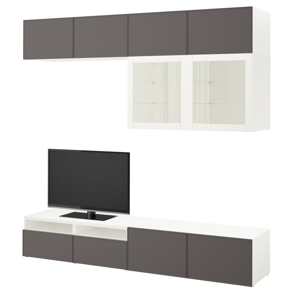 Шкаф для ТВ, комбинированный, стекляные дверцы БЕСТО, белый Грундсвикен, темно-серый прозрачное стекло (240x40x230 см) - фото 1