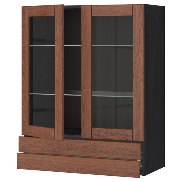 Навесной шкаф, 2 стеклянные дверцы, 2 ящика МЕТОД / ФОРВАРА, черный, Филипстад коричневый - схема-чертеж с размерами