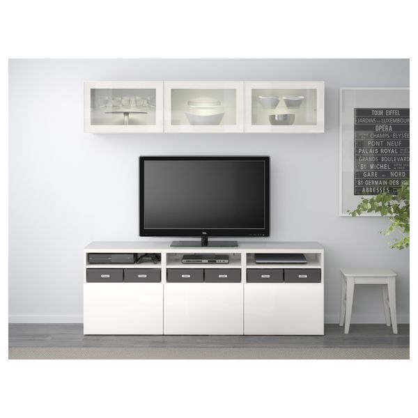 Шкаф для ТВ, комбинированный, стекляные дверцы БЕСТО, белый, Сельсвикен глянцевый/белый прозрачное стекло (180x40x192 см) - фото 2