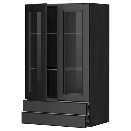 Навесной шкаф, 2 стеклянные дверцы, 2 ящика МЕТОД / ФОРВАРА, черный, Лаксарби черно-коричневый черно-коричневый