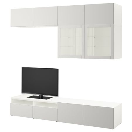 Шкаф для ТВ, комбинированный, стекляные дверцы БЕСТО, белый Лаппвикен, Синдвик светло-серый прозрачное стекло (240x40x230 см)