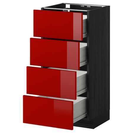 Напольный шкаф 4 фронтальных панели, 4 ящика МЕТОД / ФОРВАРА, черный, Рингульт красный