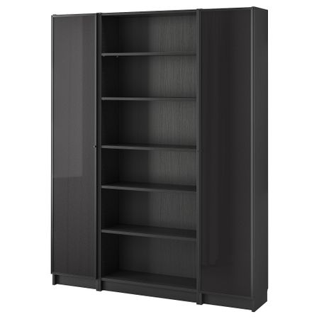 Стеллаж комбинация, стекло дверцы, 160x202 см, черный, черно-коричневый IKEA BILLY БИЛЛИ, HÖGBO 794.858.34