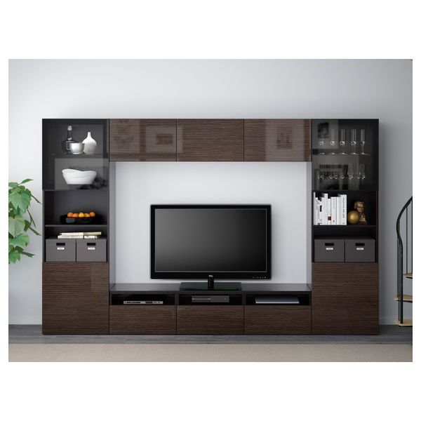 Шкаф для ТВ, комбинированный, стекляные дверцы БЕСТО, черно-коричневый, Сельсвикен глянцевый/коричневый прозрач стекло - фото 2