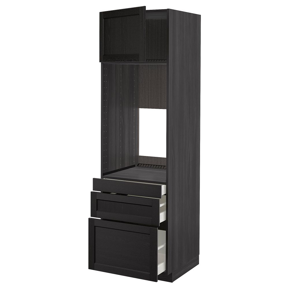 Высокий шкаф для двойной духовки, 3 ящика, дверца МЕТОД / МАКСИМЕРА, черный, Лерхюттан черная морилка - схема-чертеж с размерами