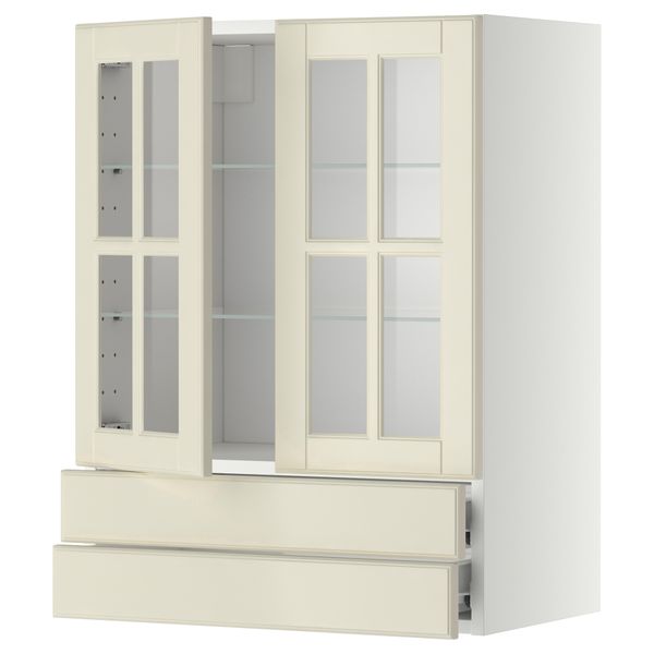 Навесной шкаф, 2 стеклянные дверцы, 2 ящика МЕТОД / ФОРВАРА, белый, Будбин белый с оттенком - фото 1